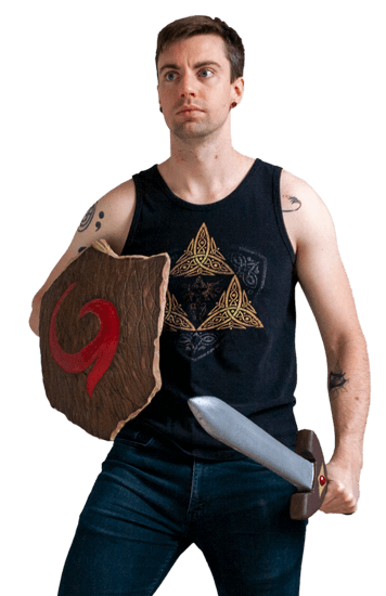 Justin holding a korok shield and sword