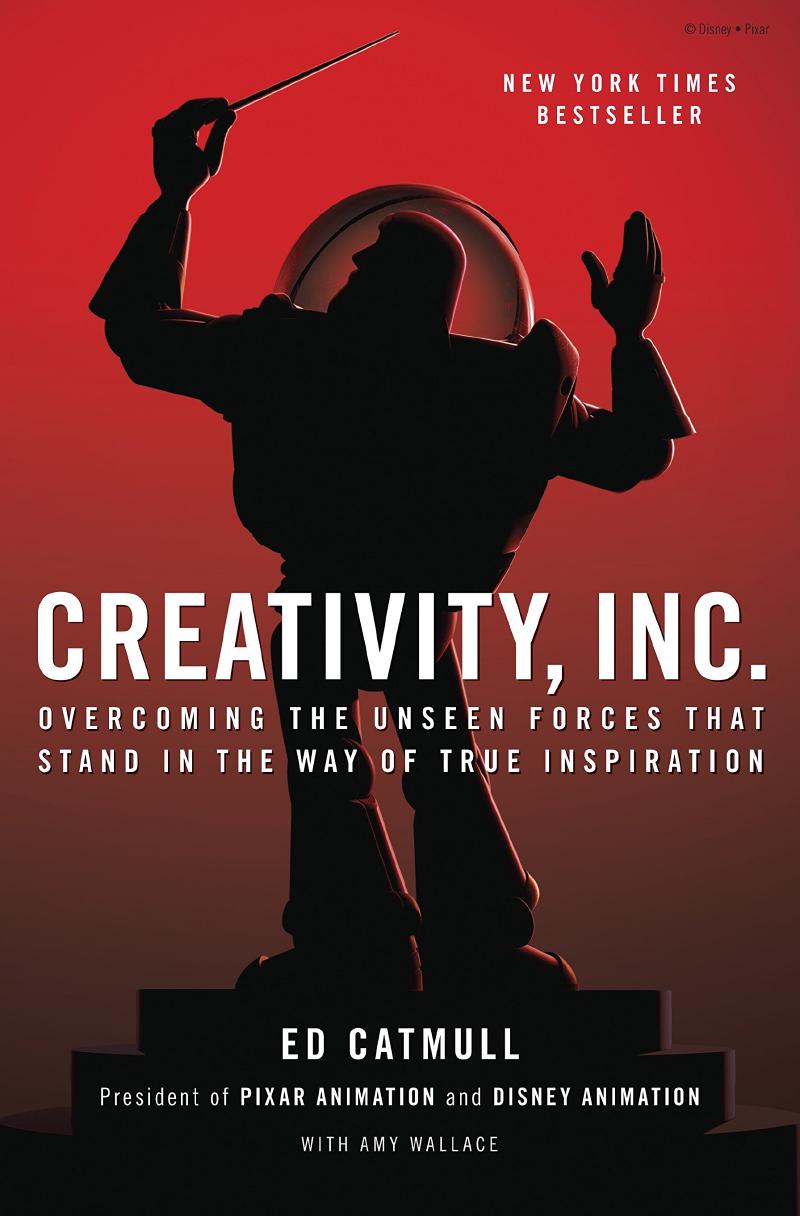 The shillouette of Buzz Lightyear from Toy Story, posing as an orchestra conductor, with the title Creativity, Inc. in white text on a red background.