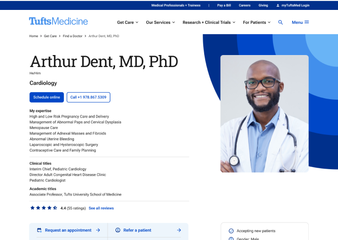 The desktop view of the Tufts Doctor Profile page