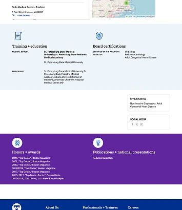 A previous version of a Tufts Medicine doctor profile page with segmented sections for training, certifications, expertise, social media links, and honors/awards. The design includes light blue and purple background accents for visual distinction.