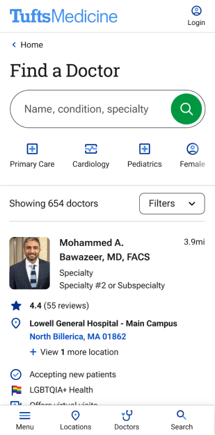 The mobile view of the Tufts Medicine website's Find a Doctor page
