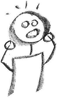 A rough pencil sketch of a stick-figure-like character with wide, surprised eyes and an open mouth. The figure has raised hands near its face, and small lines above the head emphasize shock or alarm.