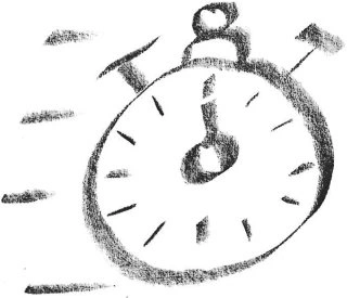 A pencil sketch of a stopwatch in motion, tilted slightly to the right. The watch face shows the hand pointing near the 12 o'clock mark, with motion lines emphasizing speed.