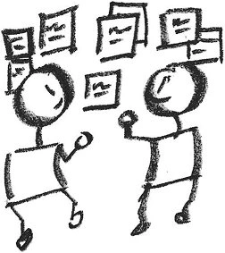 A rough pencil sketch of two stick-figure characters engaged in a discussion. They are facing each other with expressive gestures, and multiple rectangular sticky notes or idea cards are floating above them, representing a brainstorming or planning session.