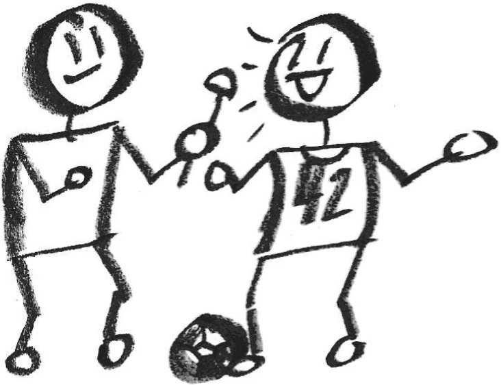 A sketch of two stick-figure characters engaging in an interview. One character, wearing a jersey with the number '42,' is holding a microphone and smiling, while the other appears to be the interviewer. A soccer ball is drawn near their feet.