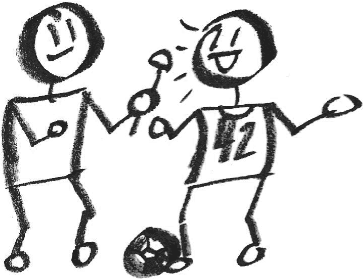 A hand-drawn sketch of two stick figures in a soccer interview