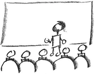 A rough pencil sketch of a speaker standing on a stage in front of a large audience. The figure gestures while presenting, with a large screen or backdrop behind them. The audience members are depicted as simple rounded figures sitting in rows.