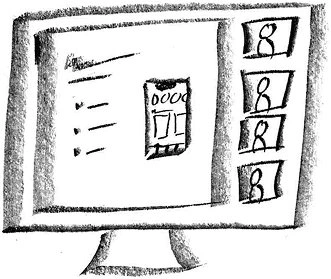 A rough pencil sketch of a desktop monitor displaying a video call. The screen shows a shared presentation with a slide containing text and a small diagram. On the right side, four small video windows depict simplified user icons, representing participants in the call.