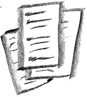 A rough pencil sketch depicting a stack of three slightly overlapping papers. Each sheet contains lines that resemble handwritten text or notes, giving the impression of documents, reports, or written materials.