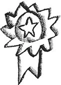 A rough pencil sketch of a star-shaped award ribbon or badge with a star in the center, symbolizing achievement, recognition, or excellence.